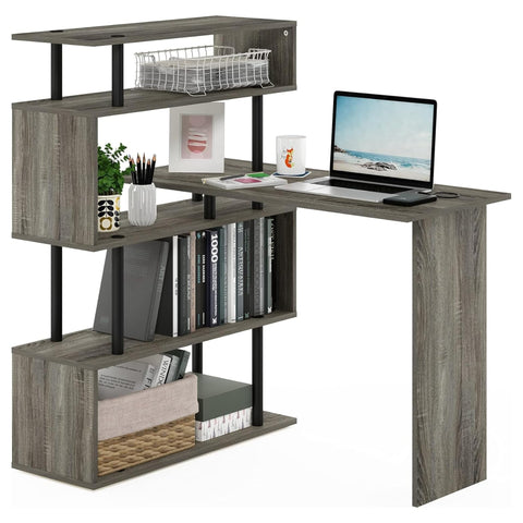 Oakestry L Shaped Computer Desk with Tiered Shelving French Oak Finish Corner Workstation Home Office Study Furniture