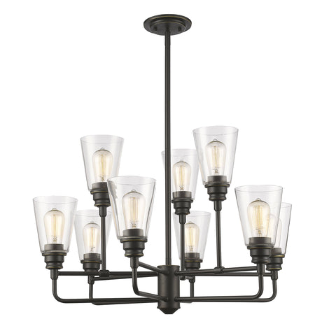 Oakestry 9 Light Chandelier Olde Bronze Steel Clear Contemporary Utilitarian Ceiling Lighting Fixture for Dining Room Foyer Great Room Hallway Kitchen Modern Home Decor Hanging Light