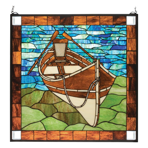 Oakestry 26 Inch Beached Guideboat Stained Glass Window Decorative Art Glass Panel Vintage Lakehouse Wall Hanging for Living Room Entryway Bedroom Office Home Decor