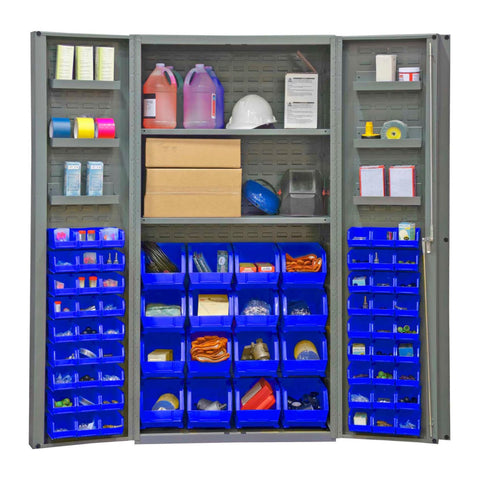 Oakestry Heavy Duty Cabinet 14 Gauge 36 x 24 x 72 2 Adjustable Shelves 64 Blue Bins 4 Inch Deep Box Doors with Louvered Panel 6 Door Shelves Lockable Chrome Handle with Keys Gray