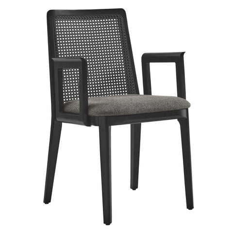 Oakestry Monarch Wood and Rattan Dining Armchair Cane Back Upholstered Seat Solid Wood Frame Armrest Dining Chair Accent Seating Living Room Furniture Modern Natural Style