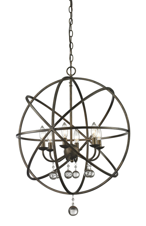 Oakestry Acadia 6-Light Chandelier – Antique Silver Steel, Crystal Sphere Accents, Candelabra Bulbs, Contemporary Metropolitan Lighting