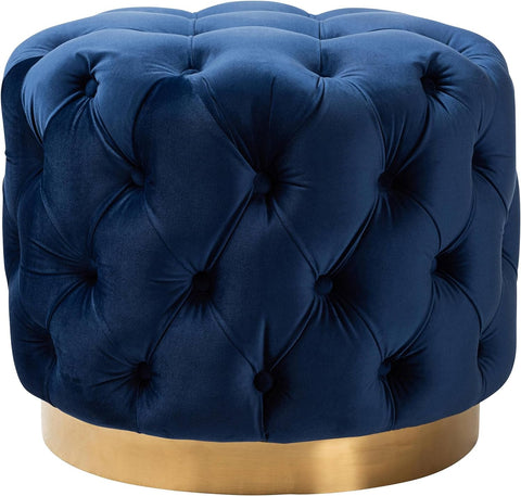 Oakestry Valeria Modern Tufted Velvet Ottoman in Navy Blue and Gold