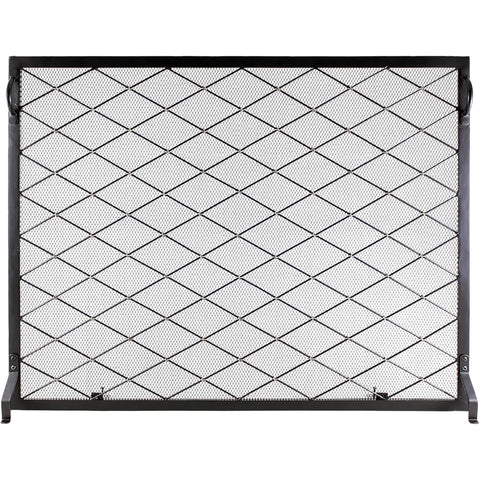 Harlequin Flat Fireplace Screen, 38 x 30 Inch, Diamond Pattern Wrought Iron Spark Guard with Brass Accents