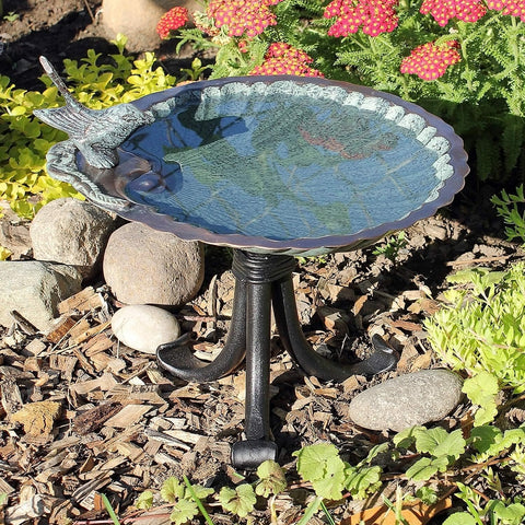 BBM-01-TR Scallop Shell Tripod Stand Birdbath, Antique Brass Plated, Black