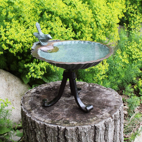 BBM-01-TR Scallop Shell Tripod Stand Birdbath, Antique Brass Plated, Black