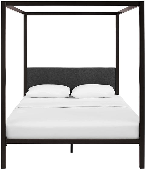 Oakestry Raina Metal Queen Canopy Bed Frame With Upholstered Gray Fabric Headboard in Brown Gray