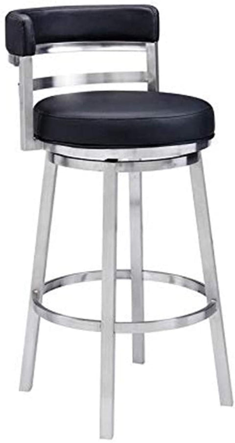 Oakestry Madrid Contemporary 30&#34; Bar Height Barstool in Brushed Stainless Steel Finish and Black Faux Leather