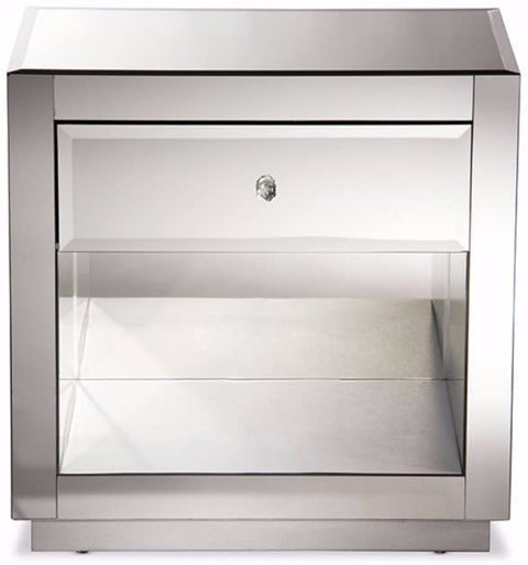 Oakestry Rochadh Modern and Contemporary Hollywood Glamour Style 1-Drawer and 1-Shelf Nightstand and Bedside Table Silver/Contemporary
