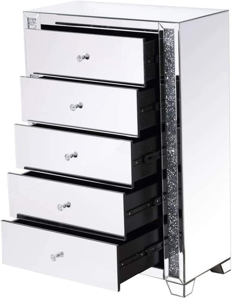 Elegant Decor 34 in. Silver Crystal Mirrored Five Drawer Cabinet