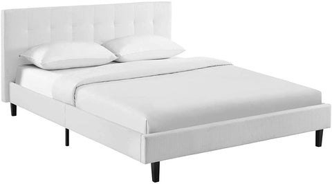 Oakestry Linnea Upholstered White Full Platform Bed with Wood Slat Support