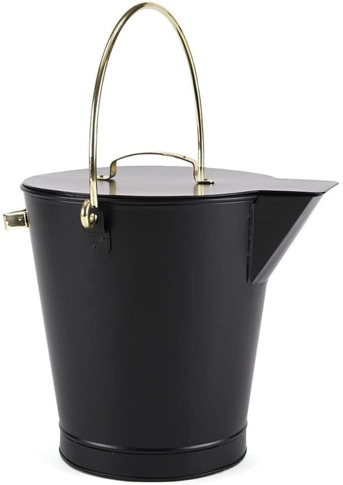 Oakestry Fireplace Ash Can Bucket Pail, Black with Polished Brass