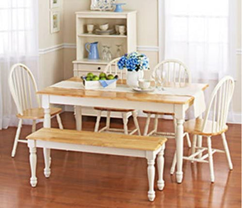 White Dining Room Set with Bench. This Country Style Dining Table and Chairs Set for 6 Is Solid Oak Wood Quality Construction. A Traditional Dining Table Set Inspired By the Farmhouse Antique Furniture Look.