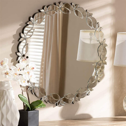 Oakestry Luiza Modern and Contemporary Silver Finished Round Petal Leaf Accent Wall Mirror