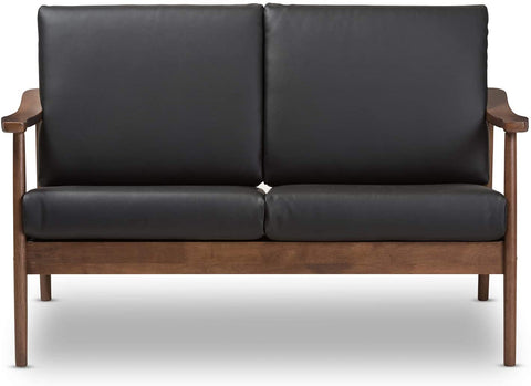 Oakestry Venza Mid-Century Modern Walnut Wood Black Faux Leather 2-Seater Loveseat Mid-Century/Black/Walnut Brown/Faux Leather/Rubber Wood/