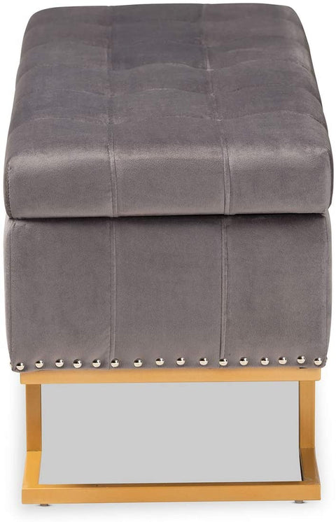 Oakestry Ellery Luxe and Glam Grey Velvet Fabric Upholstered and Gold Finished Metal Storage Ottoman