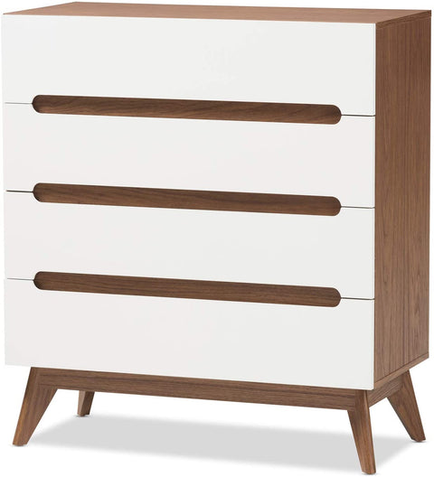 Oakestry Calypso Mid-Century Modern White and Walnut Wood 4-Drawer Storage Chest Mid-Century/White/Walnut Brown/Particle Board/MDF with PU Paper/