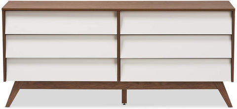 Oakestry Hildon Modern 6-Drawer Storage Dresser Mid-Century/White/Walnut Brown/Particle Board/MDF with PU Paper