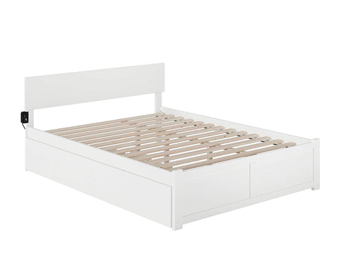 Oakestry Orlando Platform Bed with Footboard and Turbo Charger with Twin Extra Long Trundle, Queen, White