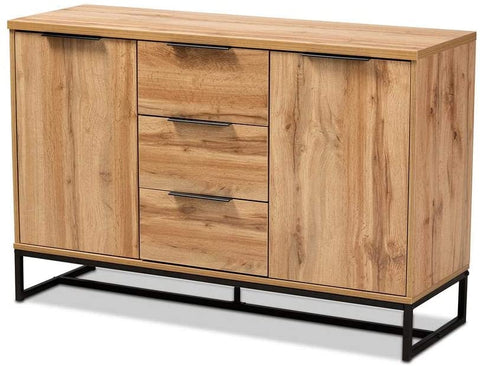 Baxton Studio Reid Modern and Contemporary Industrial Oak Finished Wood and Black Metal 3-Drawer Sideboard Buffet