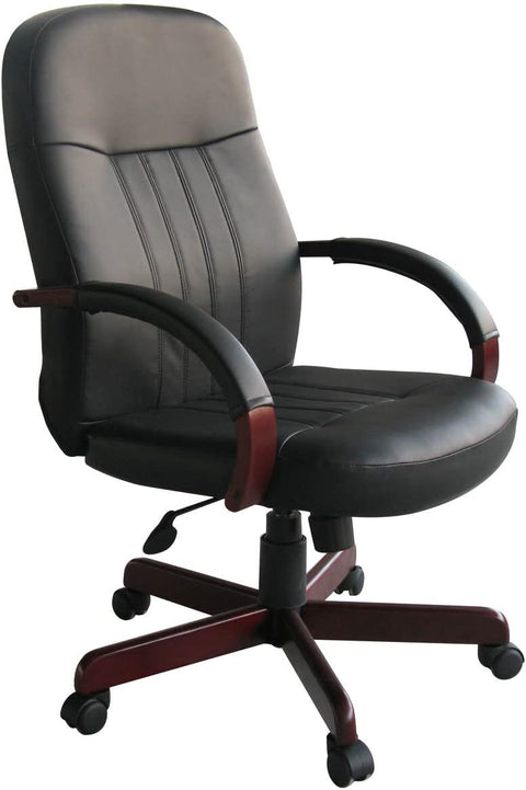 Boss Office Products LeatherPlus Executive Chair with Mahogany Finish in Black