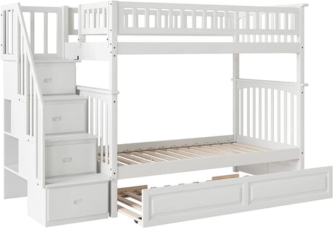 Oakestry Columbia Staircase Bunk with Turbo Charger and Twin Size Raised Panel Trundle, Twin/Twin, White