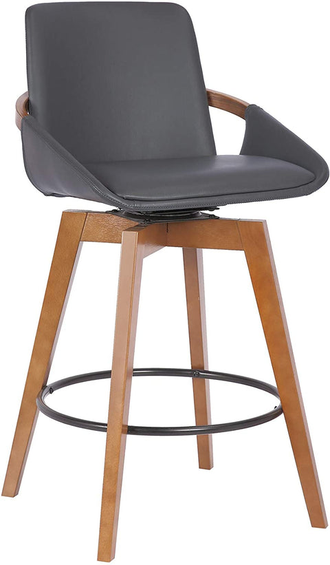 Oakestry Baylor Swivel Wood Bar or Counter Height Stool in Faux Leather, Grey/Walnut, 26&#34; Counter Height