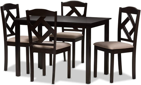 Oakestry Ruth Modern and Contemporary Beige Fabric Upholstered and Dark Brown Finished 5-Piece Dining Set/Contemporary/Beige/Medium Wood/Table/Fabric Polyester 100%&#34;/Solid Rubber Wood/Foam