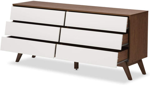 Oakestry Hildon Modern 6-Drawer Storage Dresser Mid-Century/White/Walnut Brown/Particle Board/MDF with PU Paper