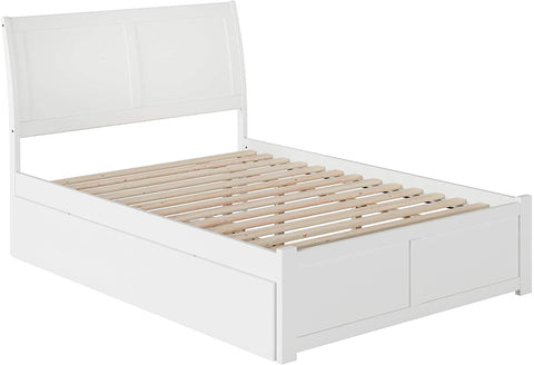 Oakestry Portland Platform Bed with Flat Panel Footboard and Turbo Charger with Twin Size Urban Trundle, Full, White