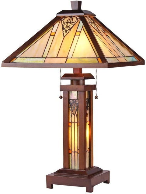 Oakestry Zella Tiffany-Style Mission 3 Light Double Lit Wooden Table Lamp 15&#34; Shade