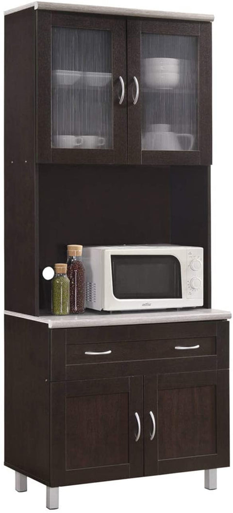 Hodedah Kitchen Cabinet with Top and Bottom Enclosed Cabinet Space in Chocolate-Grey