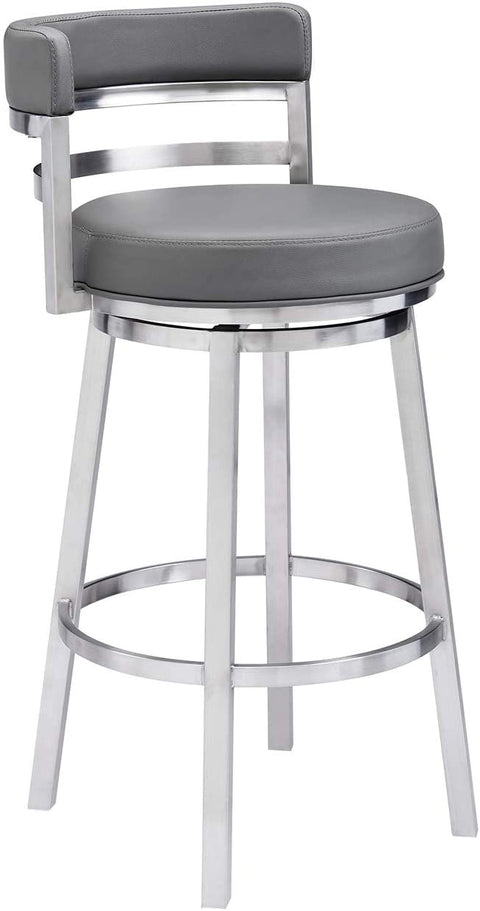 Oakestry Madrid Contemporary 30&#34; Bar Height Barstool in Brushed Stainless Steel Finish and Grey Faux Leather