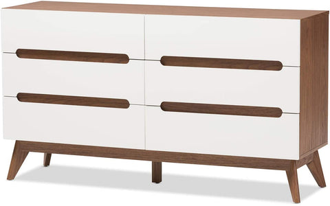 Oakestry Calypso Mid-Century Modern White and Walnut Wood 6-Drawer Storage Dresser Mid-Century/White/Walnut Brown/Particle Board/MDF with PU Paper/