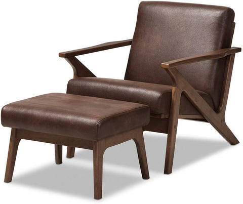 Oakestry Bianca Mid-Century Modern Walnut Wood Dark Brown Distressed Faux Leather Lounge Chair and Ottoman Set Mid-Century/Dark Brown/Walnut Brown/Faux Leather/Rubber Wood/