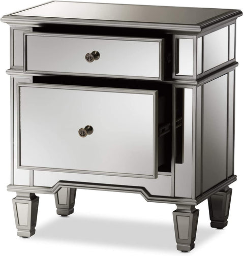 Oakestry Sussie Hollywood Regency Glamour Style Mirrored 2-Drawer Nightstand Glam/Silver Mirrored/MDF