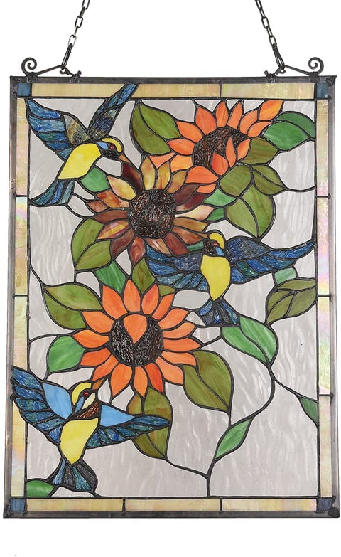Oakestry Sunflower Animal Tiffany-Glass Window Panel 24&#34; Tall