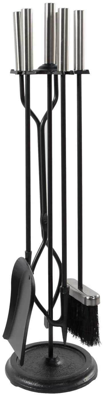 Oakestry Neoclassic 5-piece Fireplace Tool Set, Polished Chrome and Black