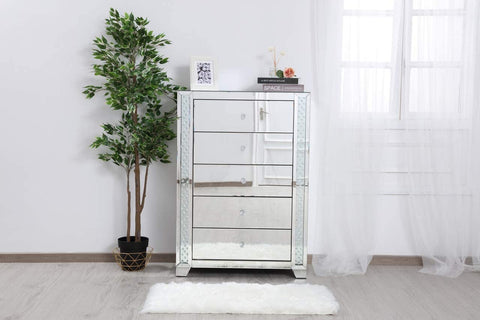 Elegant Decor 34 in. Clear Crystal Mirrored Five Drawer Cabinet