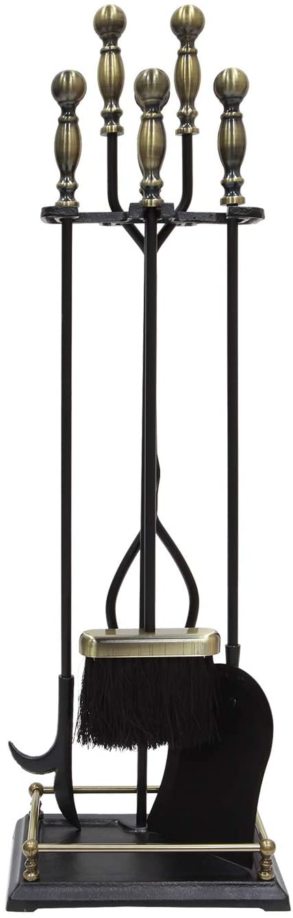 Oakestry Oxford 5-Piece Fireplace Tool Set Includes Stand with Poker, Brush, Shovel, Tongs, Classic and Modern Interior Look, Antique Brass and Black