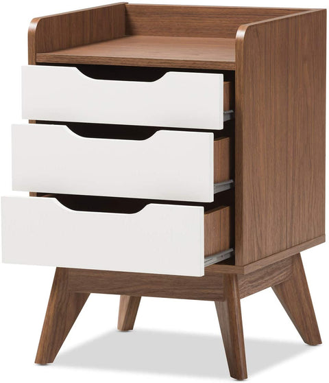 Oakestry Brighton Mid-Century Wood 3-Drawer Storage Nightstand Mid-Century/White/Walnut Brown/Particle Board/MDF with PU Paper/