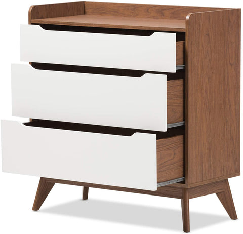 Oakestry Brighton 3-Drawer Storage Chest Mid-Century/White/Walnut Brown/Particle Board/MDF with PU Paper/