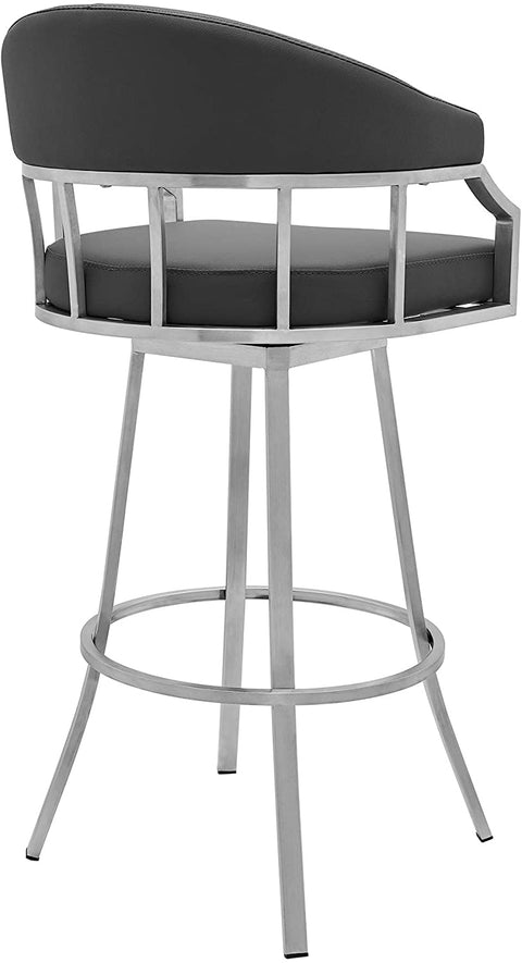 Oakestry Valerie 30&#34; Bar Height Swivel Modern Grey Faux Leather Bar and Counter Stool in Brushed Stainless Steel Finish