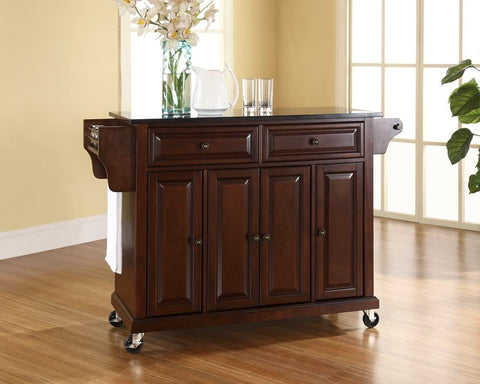 Oakestry Rolling Kitchen Island with Solid Black Granite Top - Vintage Mahogany