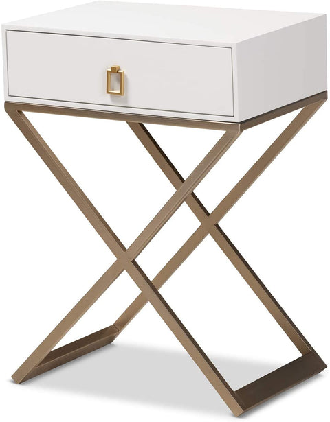 Oakestry Patricia Modern and Contemporary White Finished Wood and Brass-Tone Metal 1-Drawer Nightstand