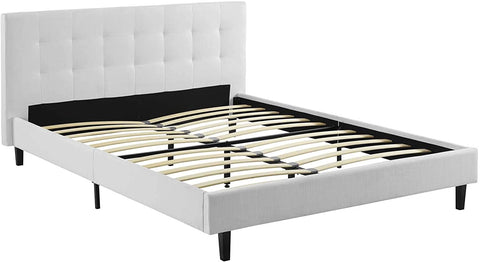 Oakestry Linnea Upholstered White Full Platform Bed with Wood Slat Support