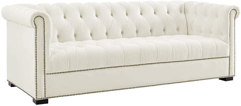 Oakestry Heritage Tufted Performance Velvet Upholstered Chesterfield Sofa with Nailhead Trim in Ivory