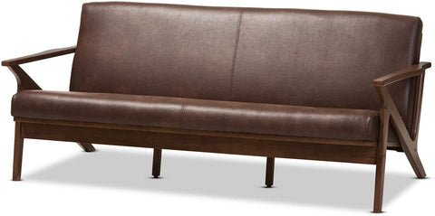 Oakestry Bianca Mid-Century Modern Walnut Wood Dark Brown Distressed Faux Leather 3-Seater Sofa Mid-Century/Dark Brown/Walnut Brown/Faux Leather/Rubber Wood/