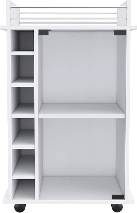 Oakestry Dukat Bar Storage Display Cabinet Cart with Wheels for Wine and Liquor with Glass Door, 2 Shelves, and 6 Cubbies, Light Gray