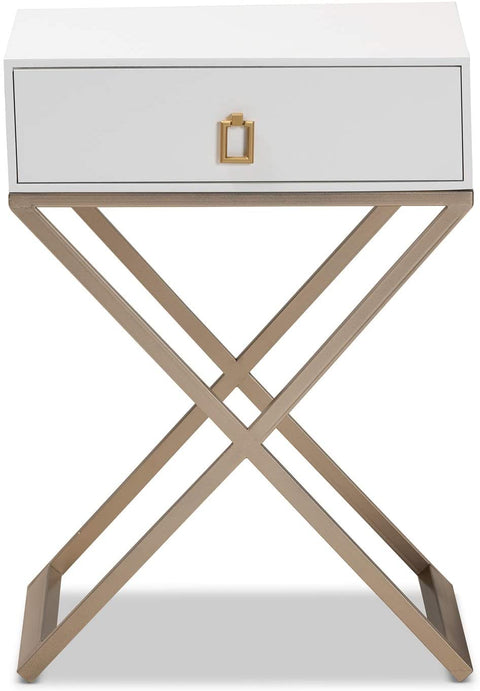 Oakestry Patricia Modern and Contemporary White Finished Wood and Brass-Tone Metal 1-Drawer Nightstand